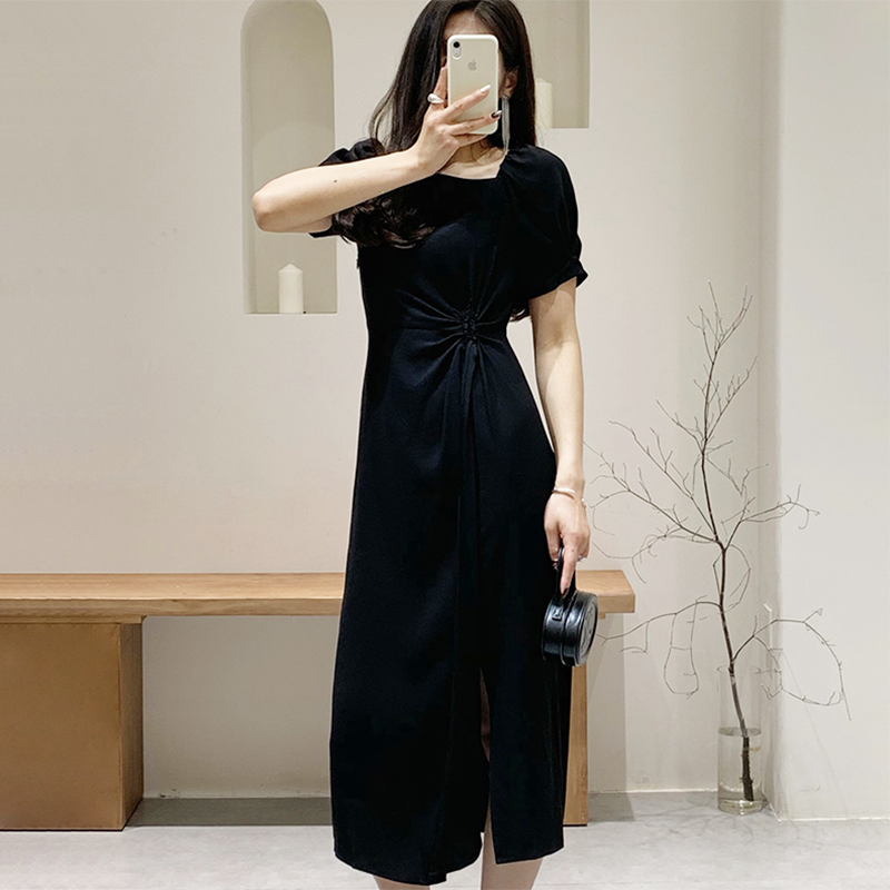 现货艾诺丝2023夏装专柜正品30429009开叉收腰气质修身黑色连衣裙