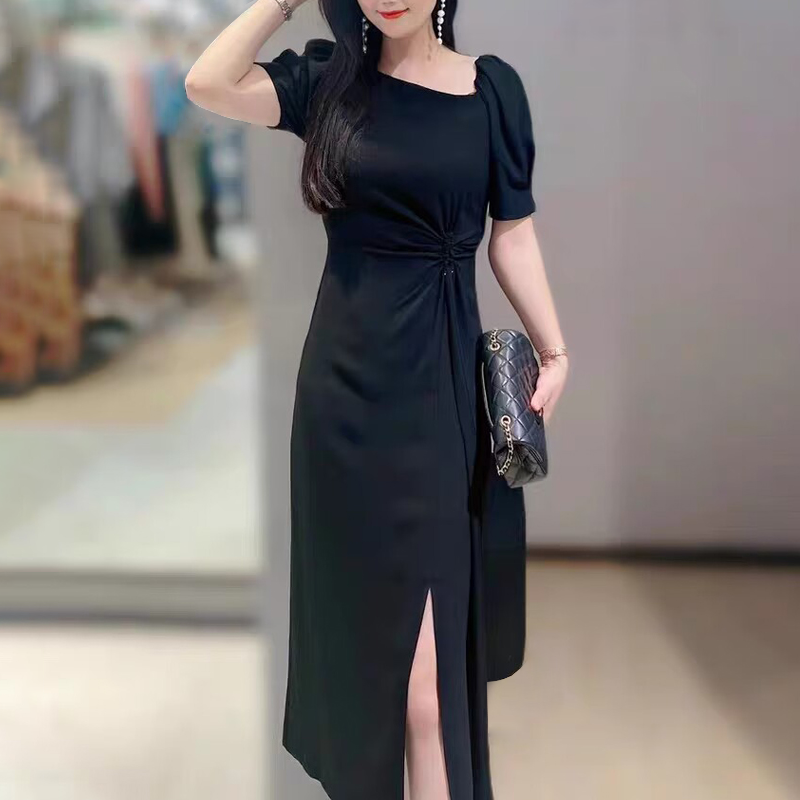 现货艾诺丝2023夏装专柜正品30429009开叉收腰气质修身黑色连衣裙