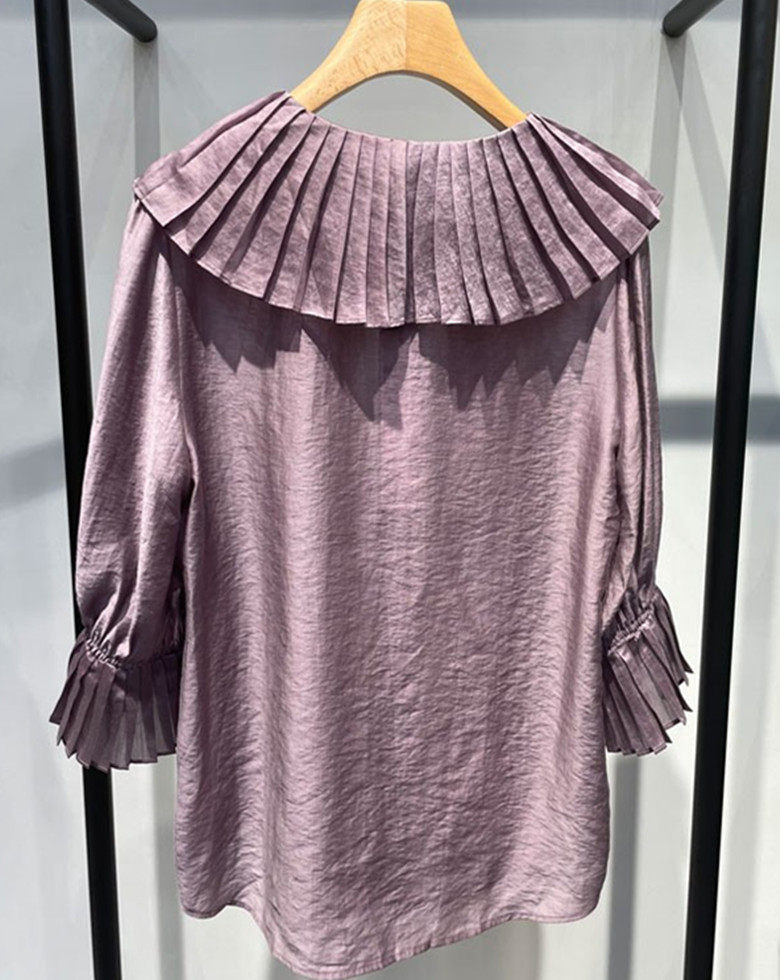 现货艾诺丝专柜正品2021秋季新品10725112百搭甜美百褶喇叭袖衬衫_虎窝淘