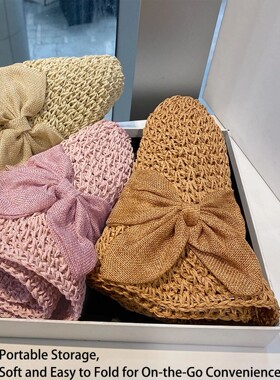 Handmade Straw Hat for Women Summer Fashion Bowknot Foldable