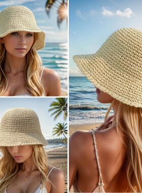 Summer UV-Protect Crochet Straw Bucket Hat for Women Beach F