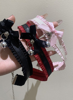 人饰间unicor粉白蝴蝶结铃铛choker项圈女蕾丝牵引绳颈链脖饰颈饰