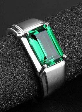 菲鸿新款祖母绿长方形男士开口戒指简约时尚商霸气男款活口指环
