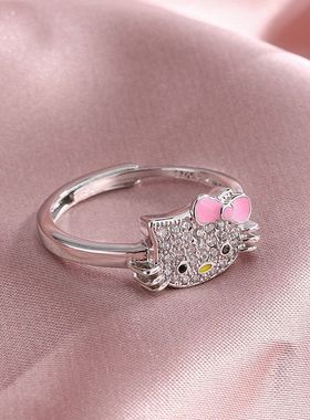 kitty猫咪戒指女韩版学生镀银饰品可爱萌凯蒂喵开口食指环