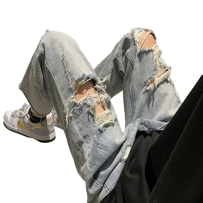 破洞男韩版潮流痞帅夏季港风牛仔裤 纯饰服饰牛仔裤