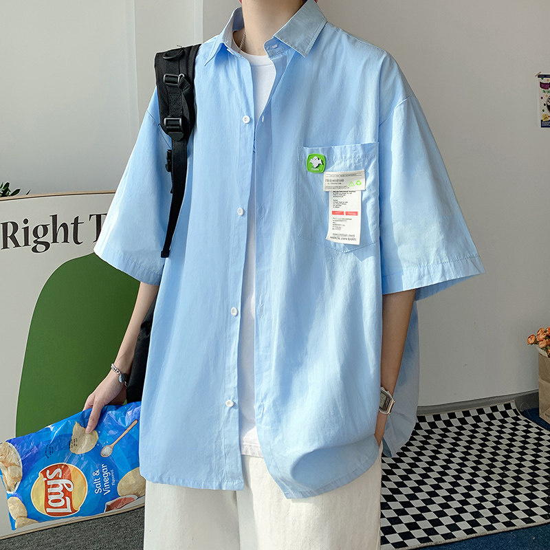 贴标短袖衬衫男夏季薄款港风日系外套ins潮设计感小众高级感衬衣-图1