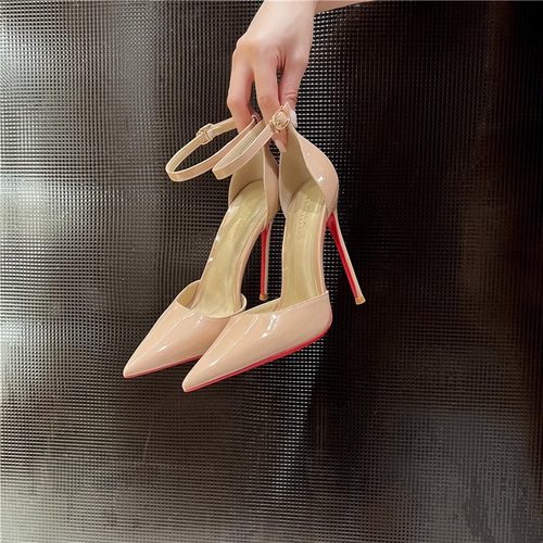 2025秋新款性感细跟高跟包头中空红底鞋女黑色尖头凉鞋一字扣百搭 - 图2