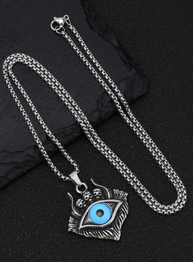 朋克风骷髅头挂件欧美夸张暗黑撒旦恶魔之眼钛钢项链男士合金吊坠