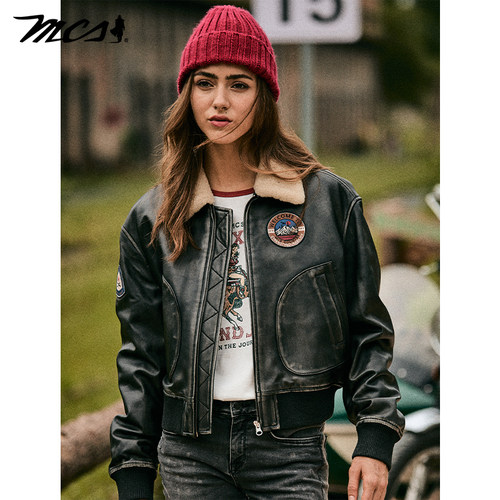MCS源自万宝路女款飞行员羽绒皮衣绵羊皮革松身款秋冬季新品外套 - 图2
