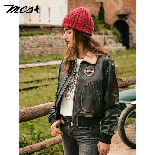 MCS源自万宝路女款飞行员羽绒皮衣绵羊皮革松身款秋冬季新品外套 - 图0