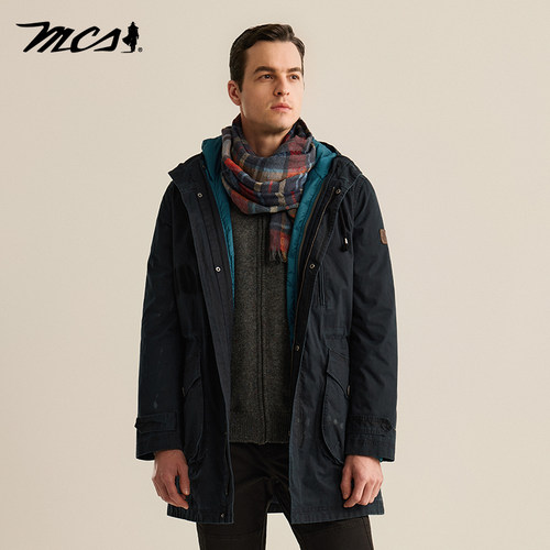 MCS男装源自万宝路秋冬季中长美式休闲可拆卸内胆连帽羽绒服外套 - 图2