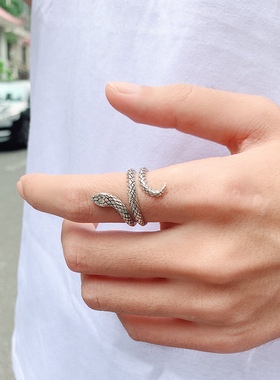 种花家无事牌蛇形缠绕男士银戒指潮复古个性开口指环单身尾戒女