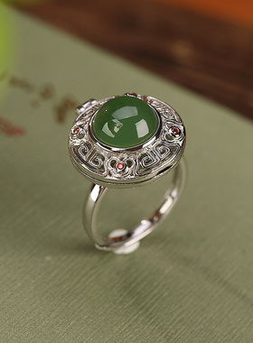 种花家无事牌s925银碧玉复古国潮回纹如意镂空设计款香囊戒指