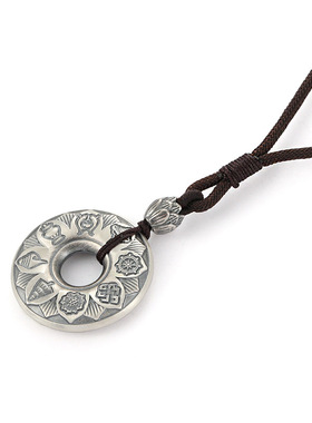 种花家无事牌99银吉祥八宝项链男复古银心经护身符银吊坠百搭