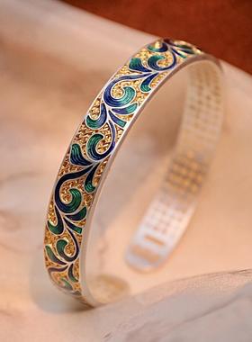 种花家无事牌银9实心唐草纹珐琅彩银手镯内刻心经银镯子银手环