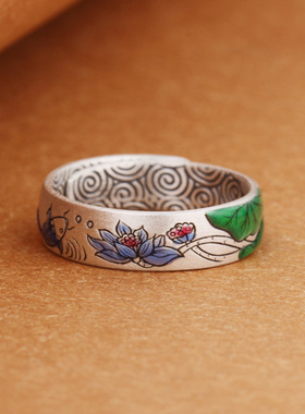 种花家无事牌珐琅彩银戒指女9银复古个性时尚简约开口可调节景泰