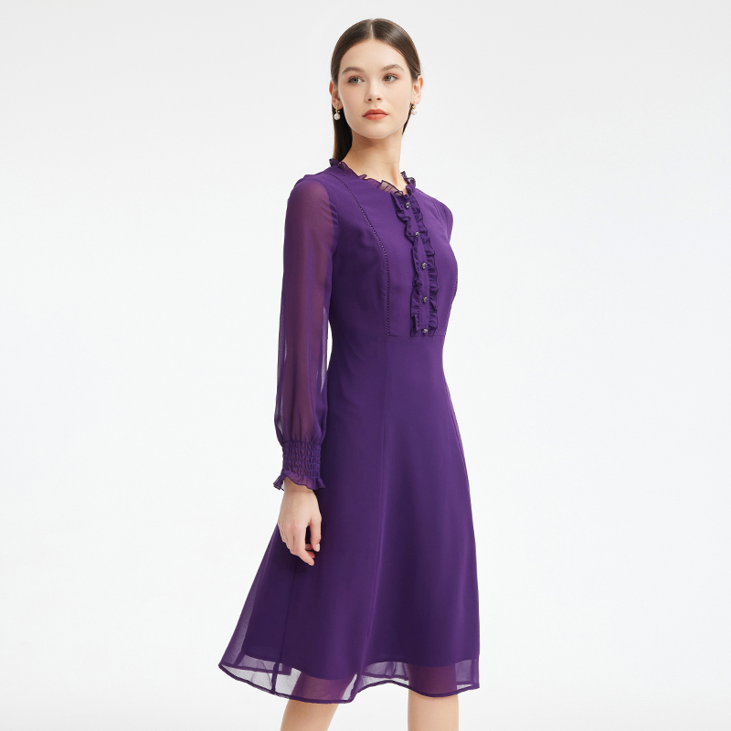 专柜正品马天奴秋冬女钻扣雪纺连衣裙子气质长袖收腰长裙时尚