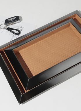 样板间轻奢金属皮革托盘摆件客厅