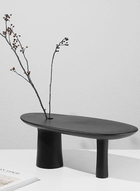 极简黑色高脚托盘软装饰花插摆件