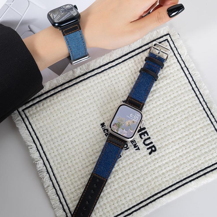 适用iwatch8苹果S9手表牛仔表带S8皮质applewatch9可爱夏天SE高级感S7复古S10新款S6女款小众5代创意10智能潮