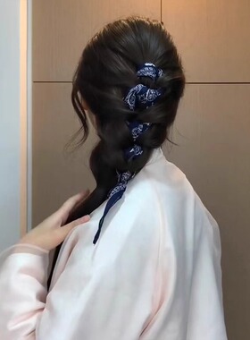 蓝色腰果花丝巾绑发带女复古花纹丝带绑发绳气质系带系脖配饰脖饰