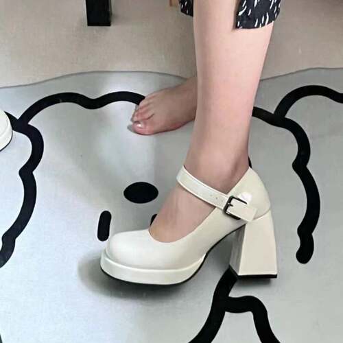 日系复古黑色玛丽珍女粗跟厚底高跟鞋女JK制服百搭通勤白色小皮鞋 - 图0