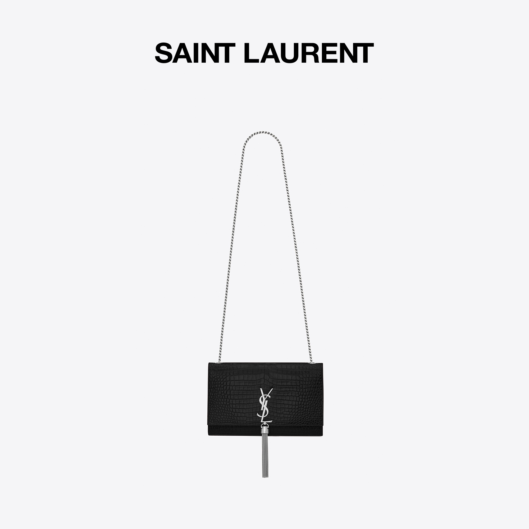 YSL/圣罗兰 女士KATE中号黑色流苏亮面鳄鱼压纹皮包链条包单肩包
