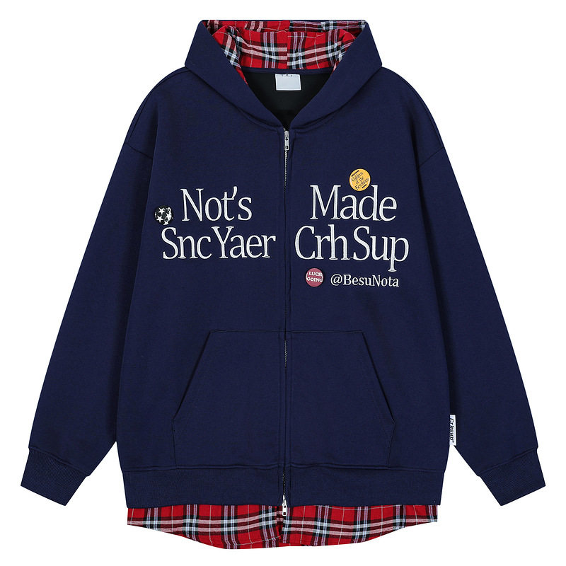 衣品国潮牌假两件格子刺绣双拉链卫衣男春秋美式高街徽章情侣 - 图1