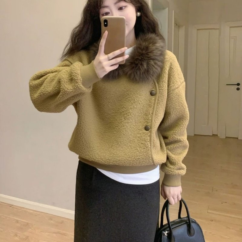 卡其色斜扣毛领羊羔毛卫衣外套女款冬季小个子短款摇粒绒加厚上衣,淘宝优惠券,粉丝福利购,淘宝优惠卷