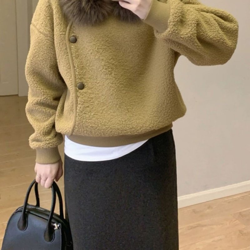 卡其色斜扣毛领羊羔毛卫衣外套女款冬季小个子短款摇粒绒加厚上衣,淘宝优惠券,粉丝福利购,淘宝优惠卷