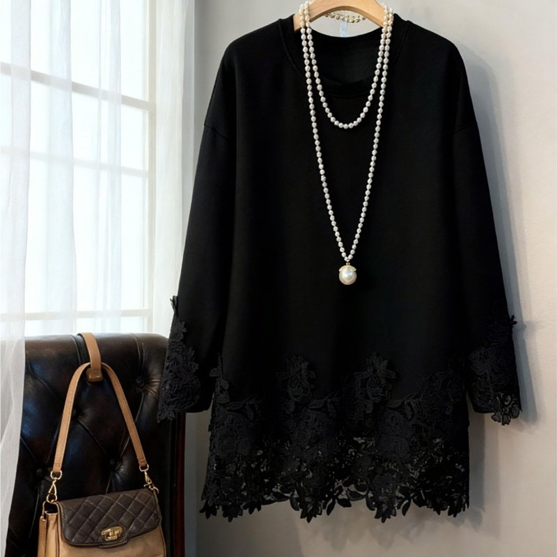 高级感蕾丝底摆拼接白色长袖T恤中长遮肚小衫秋冬显瘦黑色上衣女,淘宝优惠券,粉丝福利购,淘宝优惠卷