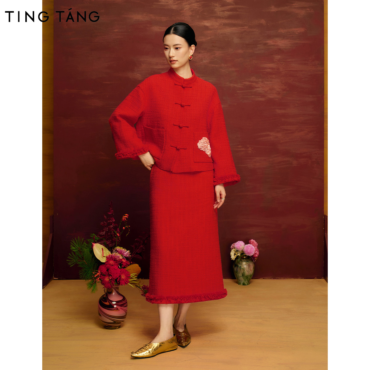 厅唐TINGTANG红色新中式套装女喜嫁国风盘扣长袖外套半身裙两件套,淘宝优惠券,粉丝福利购,淘宝优惠卷
