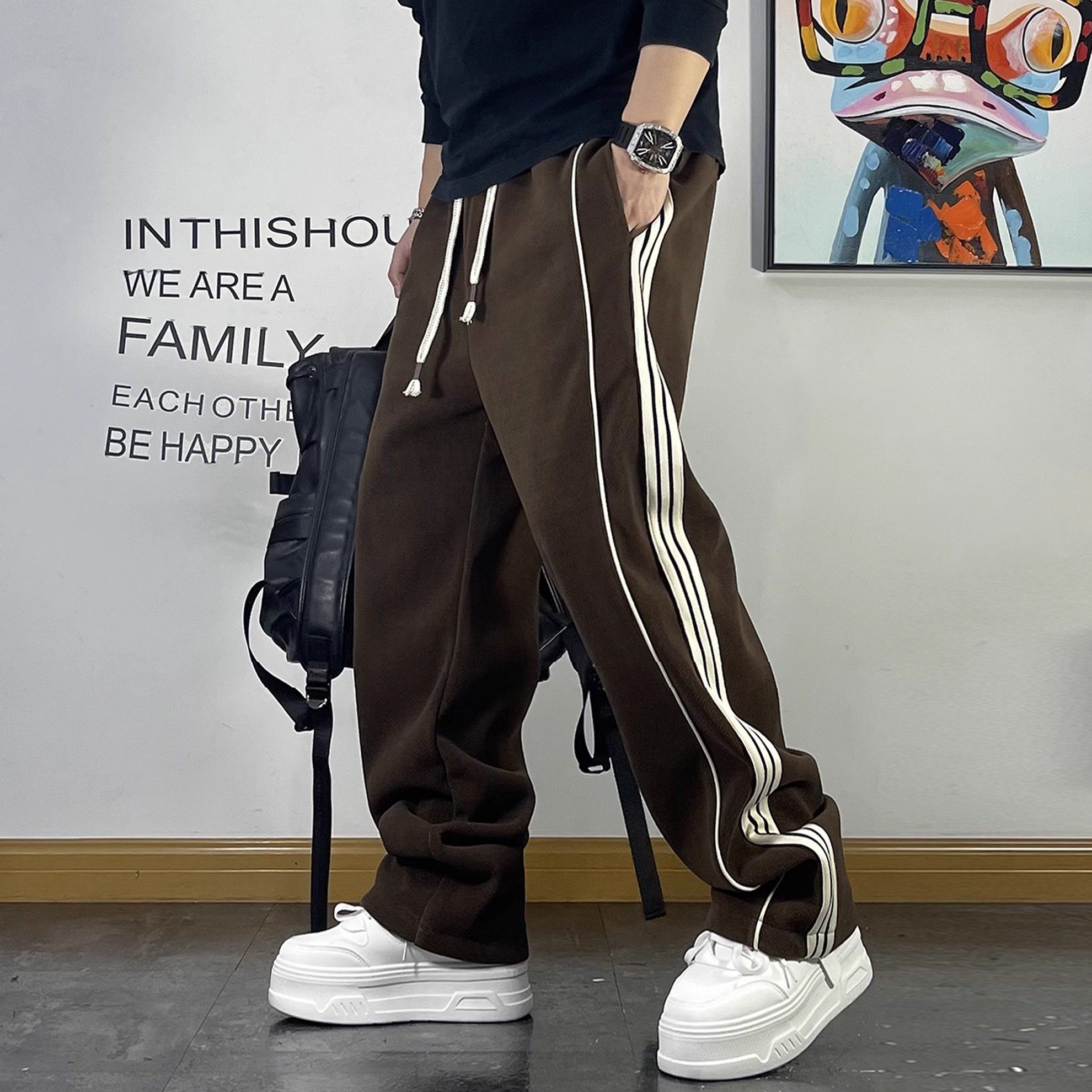 美式条纹拼接胖子加大码卫裤男加厚秋新款宽松直筒休闲抽绳运动裤,淘宝优惠券,粉丝福利购,淘宝优惠卷