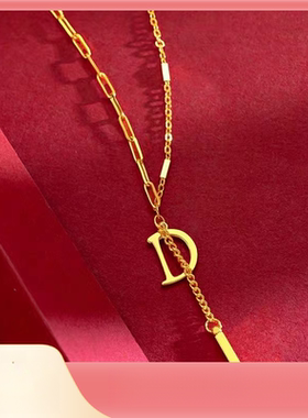 大写字母D镀金项链女款仿黄金色英文字母D锁骨链子一体链