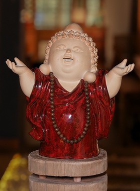 红衣沙弥佛祖禅意石湾陶瓷摆件