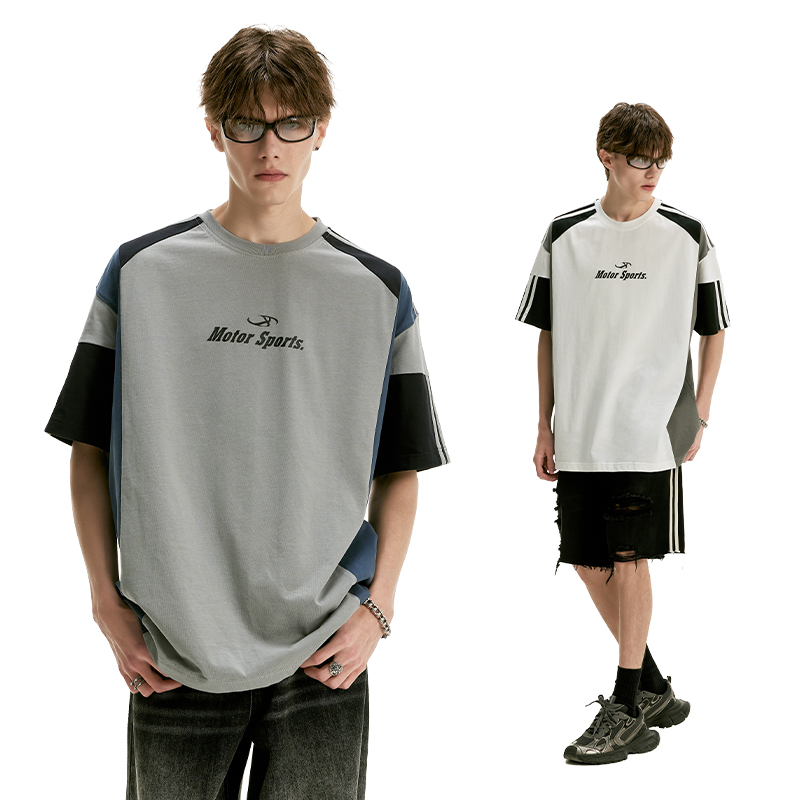 IMXS【明星同款】美式复古拼接撞色厚板印花短袖T恤男潮牌上衣 - 图0