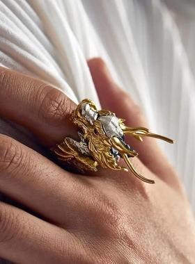 个性凸显男士独特个性魅力小众喜好品味霸气双色龙首可调节指环