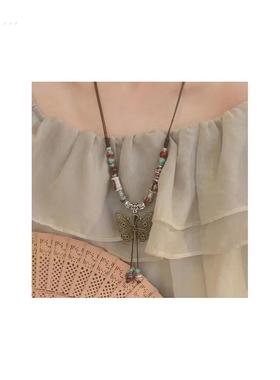 波西米亚覆古蝴蝶长款项炼女新中式民族风古着中古古风毛衣炼配饰