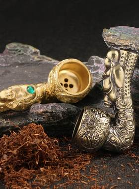 仿古玩黄铜烟具笑佛弥勒佛宝石铜烟杆烟头烟枪配件金属工艺品收藏