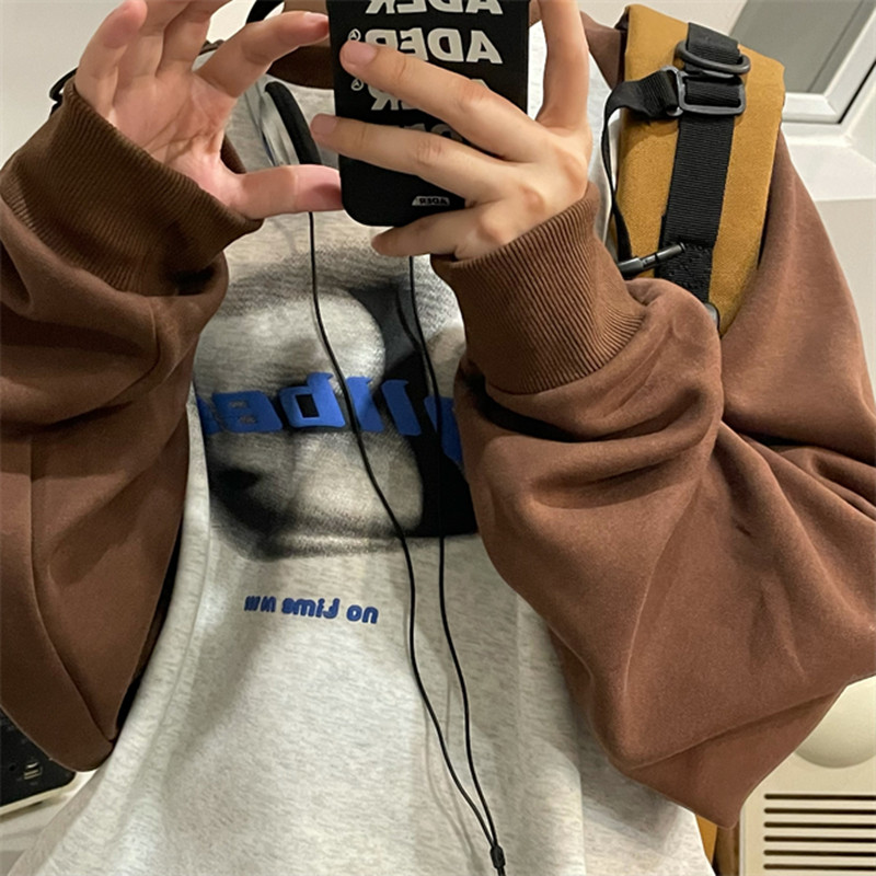 美式复古虚影印花字母卫衣男拼接长袖潮圆领宽松套头休闲连肩上衣 - 图1