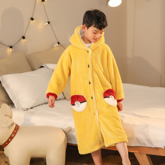 冬季儿童加厚睡袍皮卡丘浴袍女童珊瑚绒睡衣长款男童卡通睡裙中大