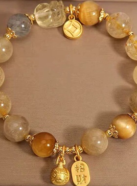 香港【设计师】  天然金发晶水晶手链精致吞金兽领针手串