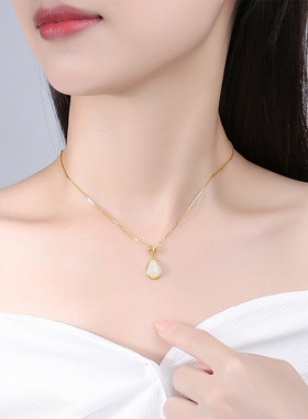 新中式万福水滴项链女S925纯银天然和田玉吊坠小众简约高级锁骨