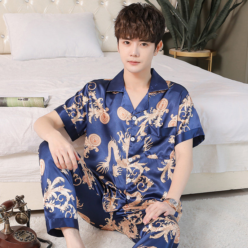 夏季新款男士冰丝短袖长裤丝绸睡衣 古蓝儿睡衣/家居服套装