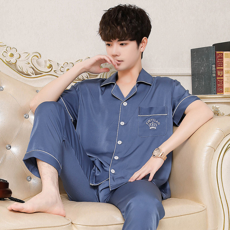 夏季新款男士冰丝短袖长裤丝绸睡衣 古蓝儿睡衣/家居服套装