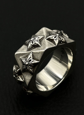 s925纯银高级感复古切面五芒星戒指男女欧美个性厚重霸气指环做旧