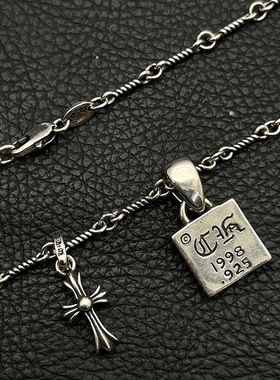 s925纯银复古满钻方块十字花项链男女双十字架吊坠高街潮牌经典款