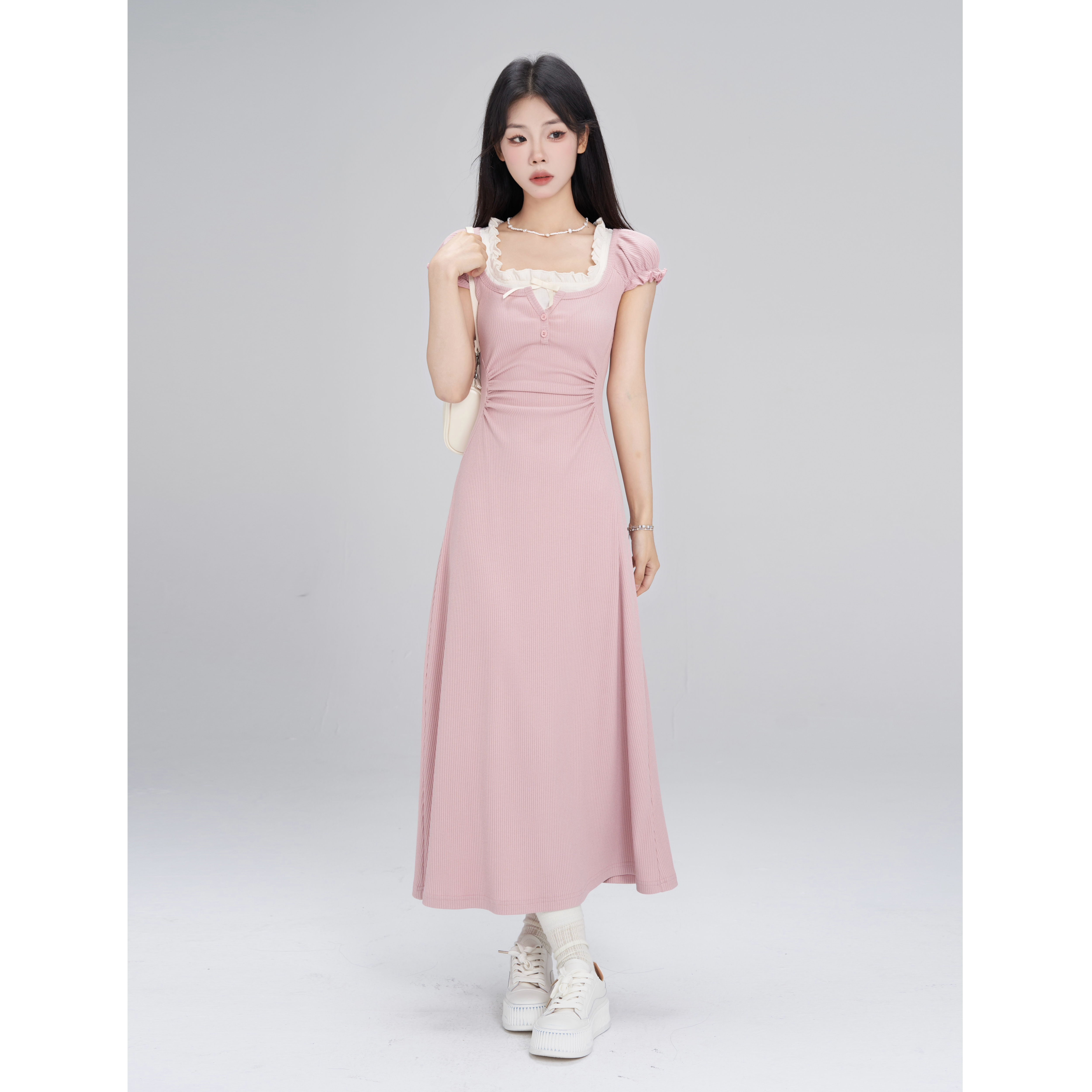 一颗小野莓黑色假两件连衣裙女夏季韩版修身显瘦复古高级感长裙子-图2