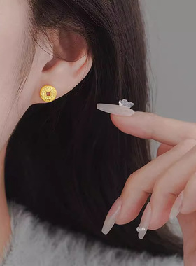 新款新中式钱多多碎冰冰铜钱耳钉
