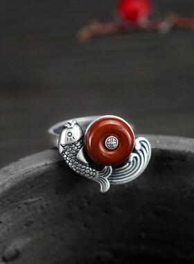 新款福鱼戒指女复古开口夸张平安